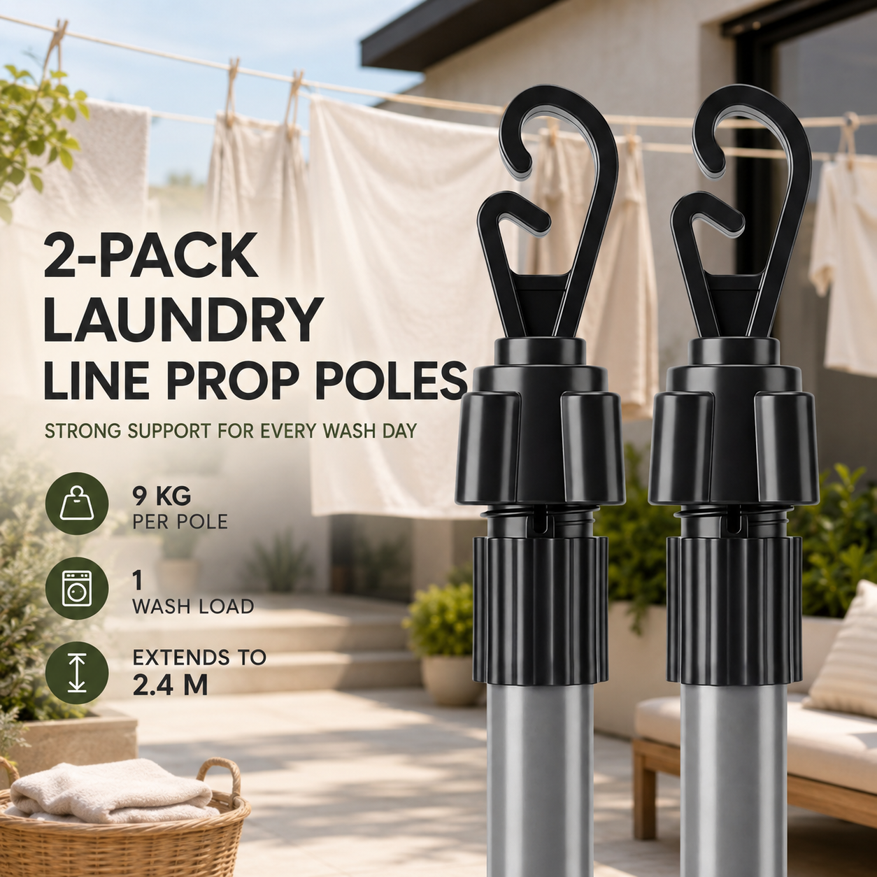 2-Pack Adjustable Stainless Steel Telescopic Laundry Line Prop Poles