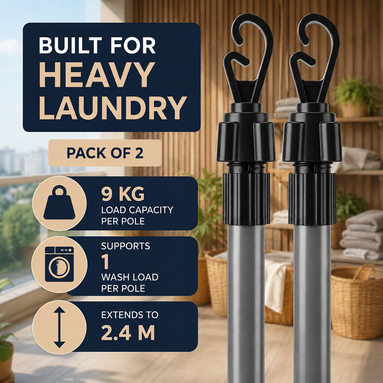 2-Pack Adjustable Stainless Steel Telescopic Laundry Line Prop Poles