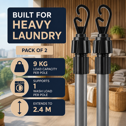 2-Pack Adjustable Stainless Steel Telescopic Laundry Line Prop Poles