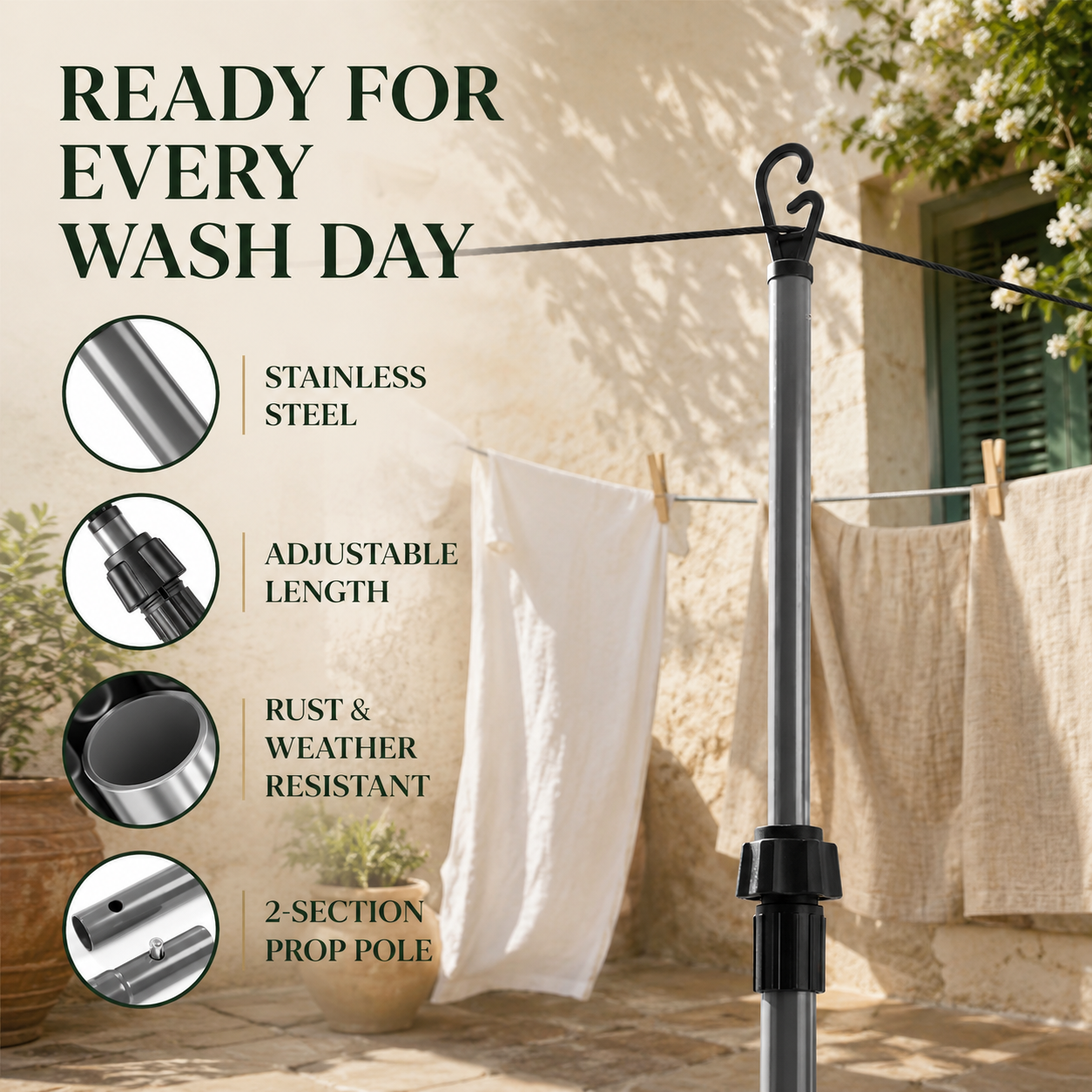 2-Pack Adjustable Stainless Steel Telescopic Laundry Line Prop Poles
